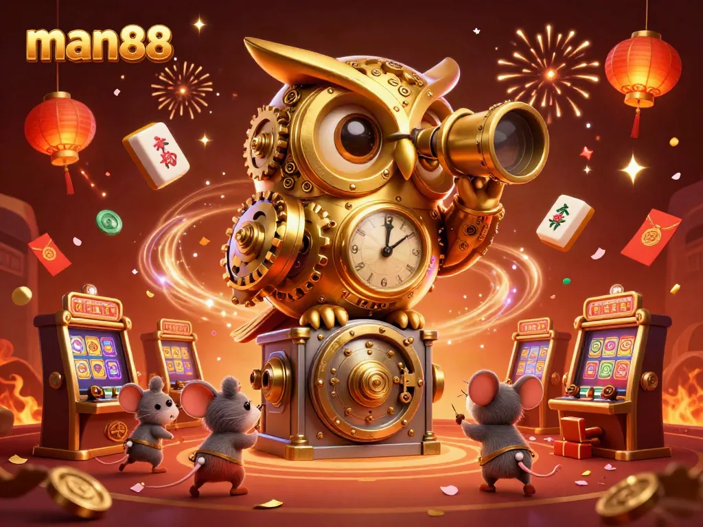 Join the fun at man88 as the golden owl oversees an exciting casino floor adventure.