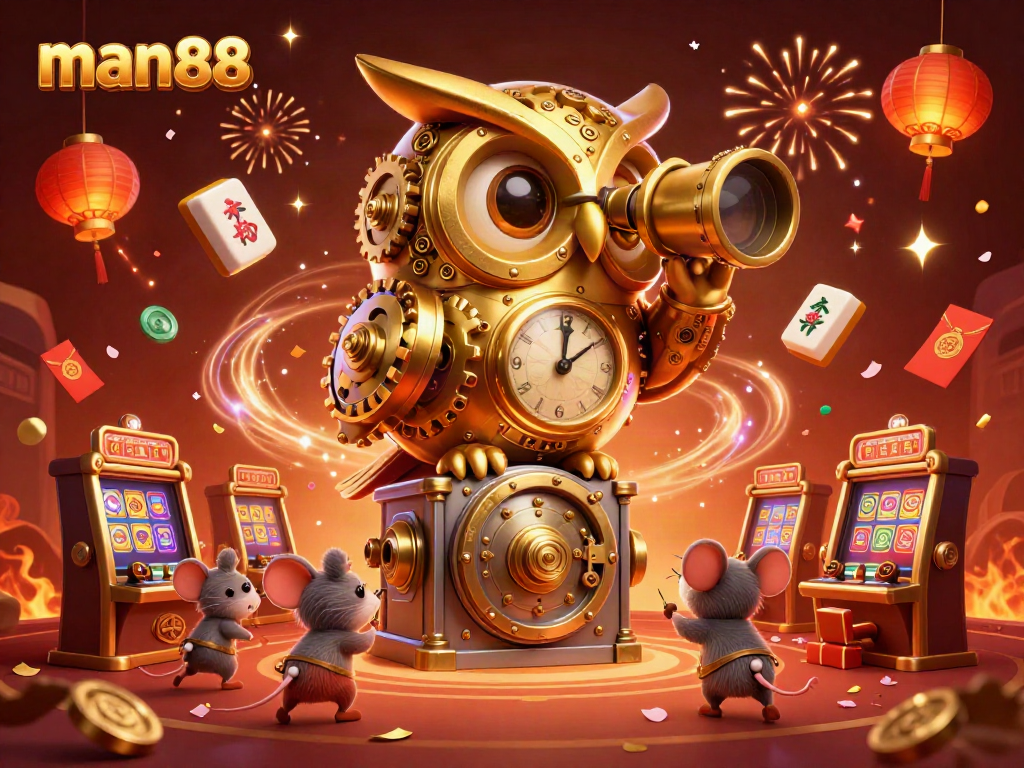 Join the fun at man88 as the golden owl oversees an exciting casino floor adventure.