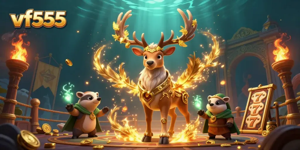 Engaging scene of vf555 with a druid stag and badger amidst vibrant slot reels and glowing coins.
