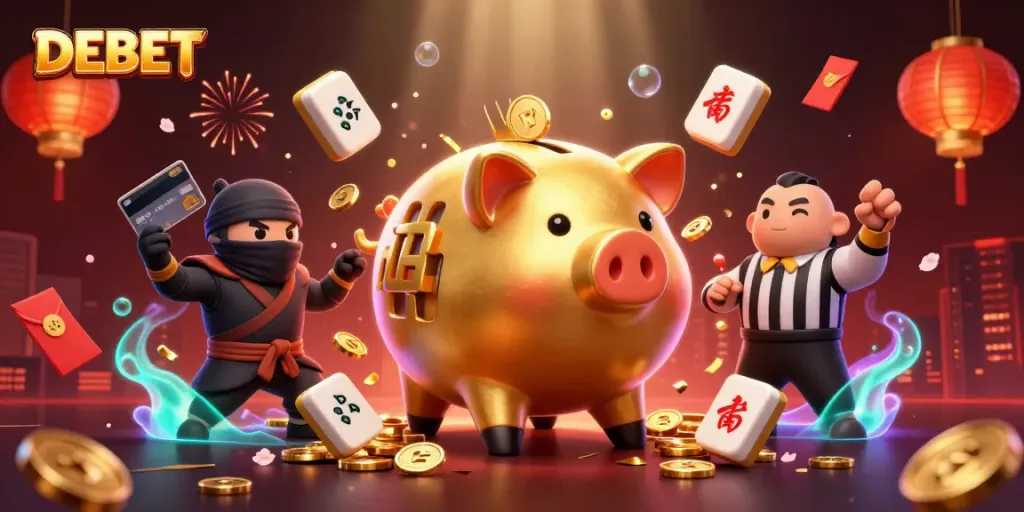 DEBET showcases a lively 3D illustration featuring a golden piggy bank wrestler amidst gambling icons and festive elements.