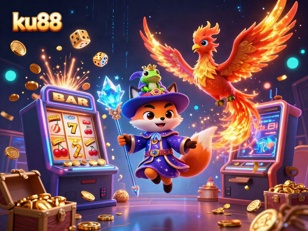 ku88 gaming scene featuring mystical characters, a slot machine jackpot explosion, and vibrant casino elements.
