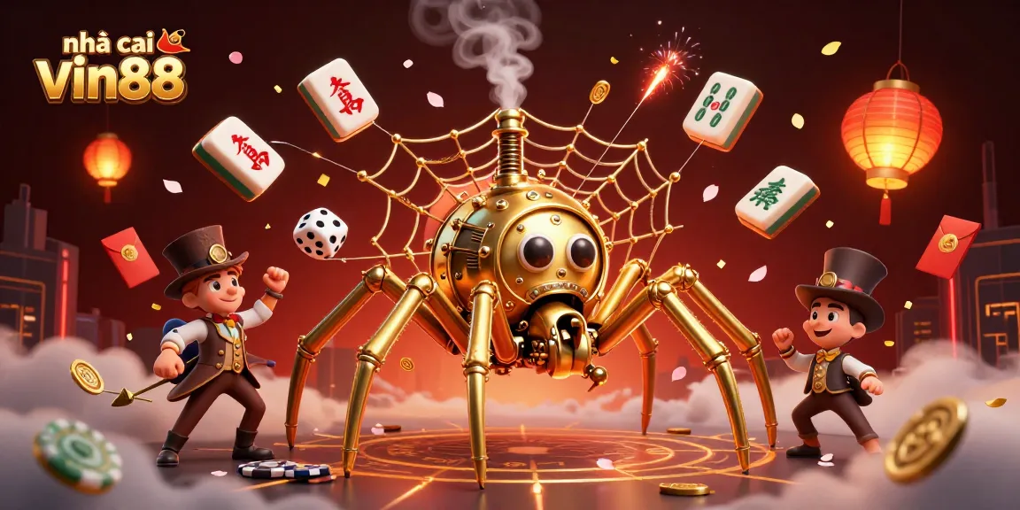 Experience thrilling gaming at nhà cái Vin88 with a dazzling 3D casino illustration of steampunk elements and festive symbols.