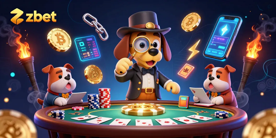 Zbet engages players with poker strategy amidst a vibrant casino atmosphere filled with crypto elements.