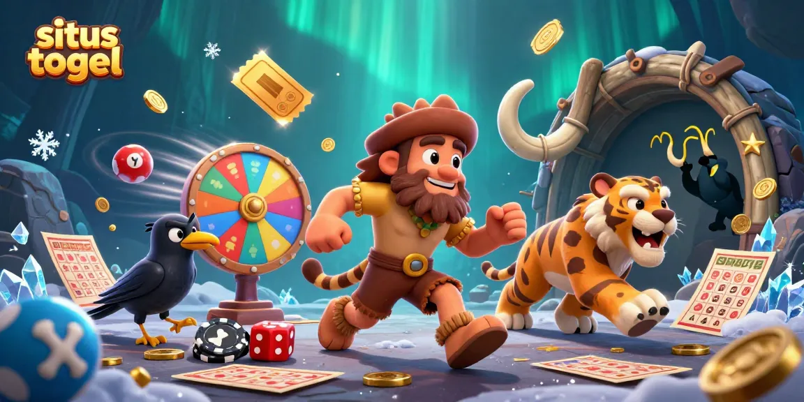 Experience the lively atmosphere of a situs togel casino with caveman and sabertooth tiger characters.