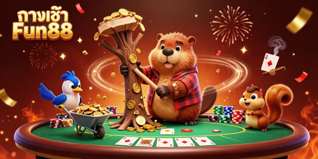 Engage in ทางเข้า Fun88 with our cartoon beaver, collecting gold coins in a lively casino scene.