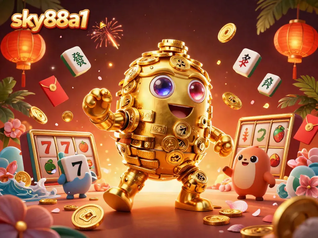 Experience the excitement of sky88a1 with this vibrant casino illustration featuring golden characters and dynamic game elements.