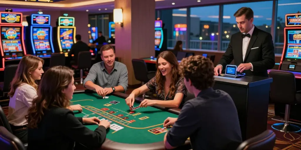 Credit card casino scene with players enjoying blackjack, vibrant atmosphere, modern design.