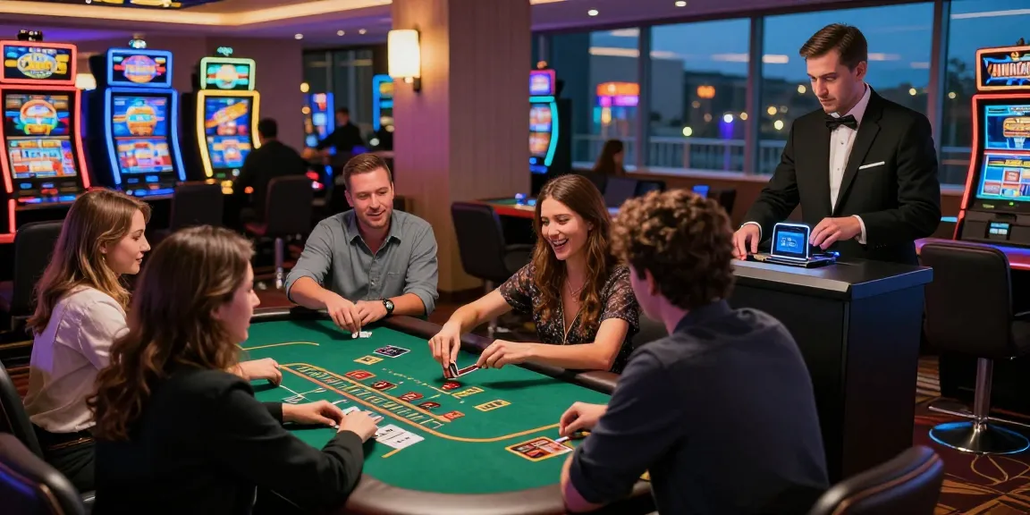 Credit card casino scene with players enjoying blackjack, vibrant atmosphere, modern design.