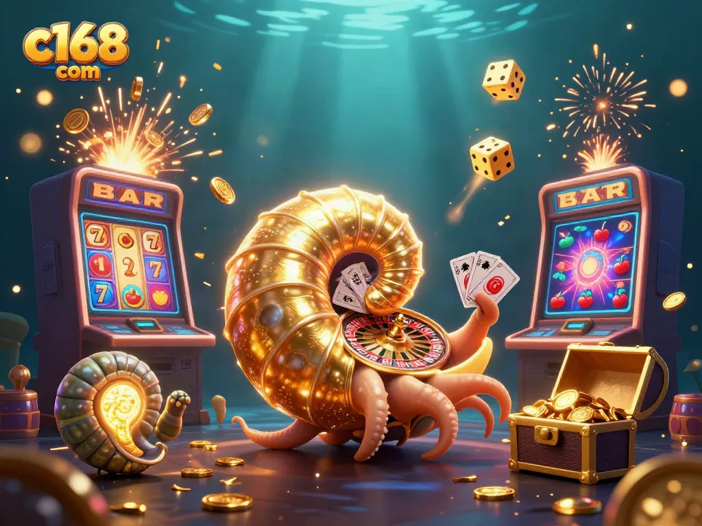 Experience excitement with c168 com's vibrant casino scene, featuring a giant nautilus roulette wheel and slot machine.