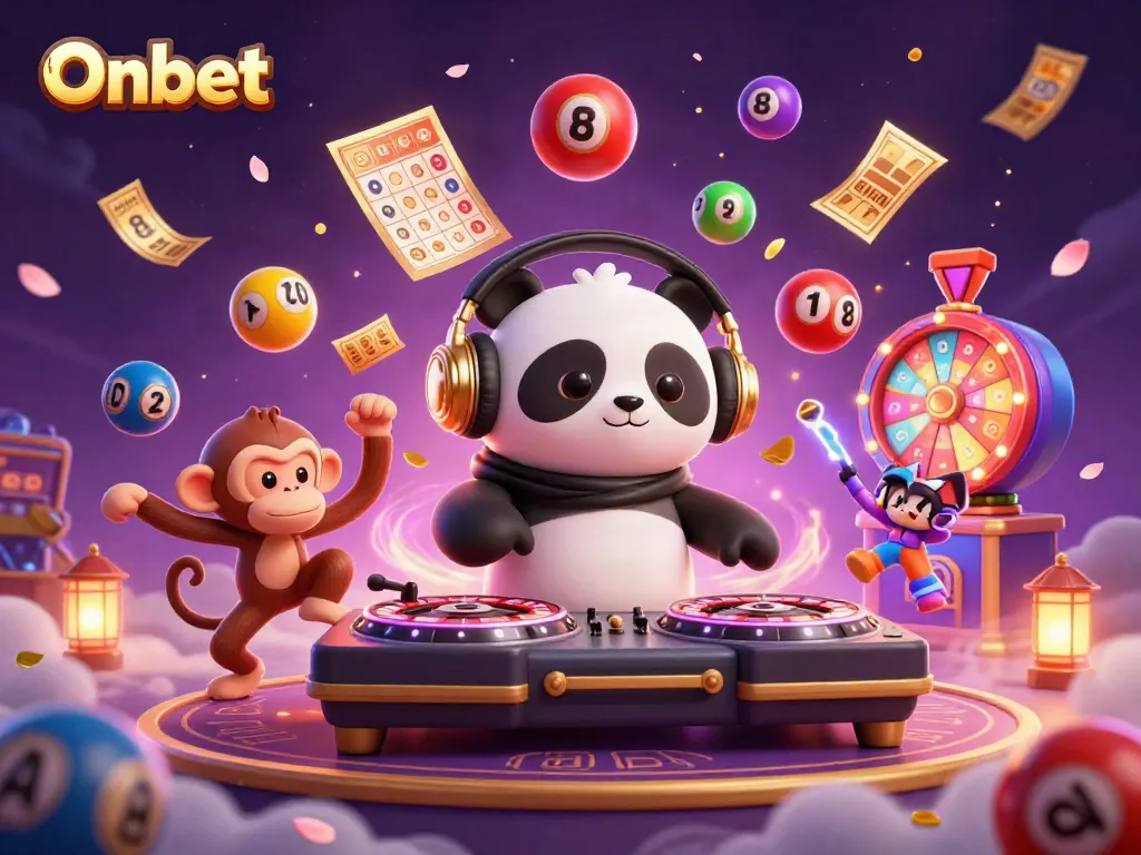 Experience the thrilling world of Onbet through 3D characters enjoying casino games and bright visuals.