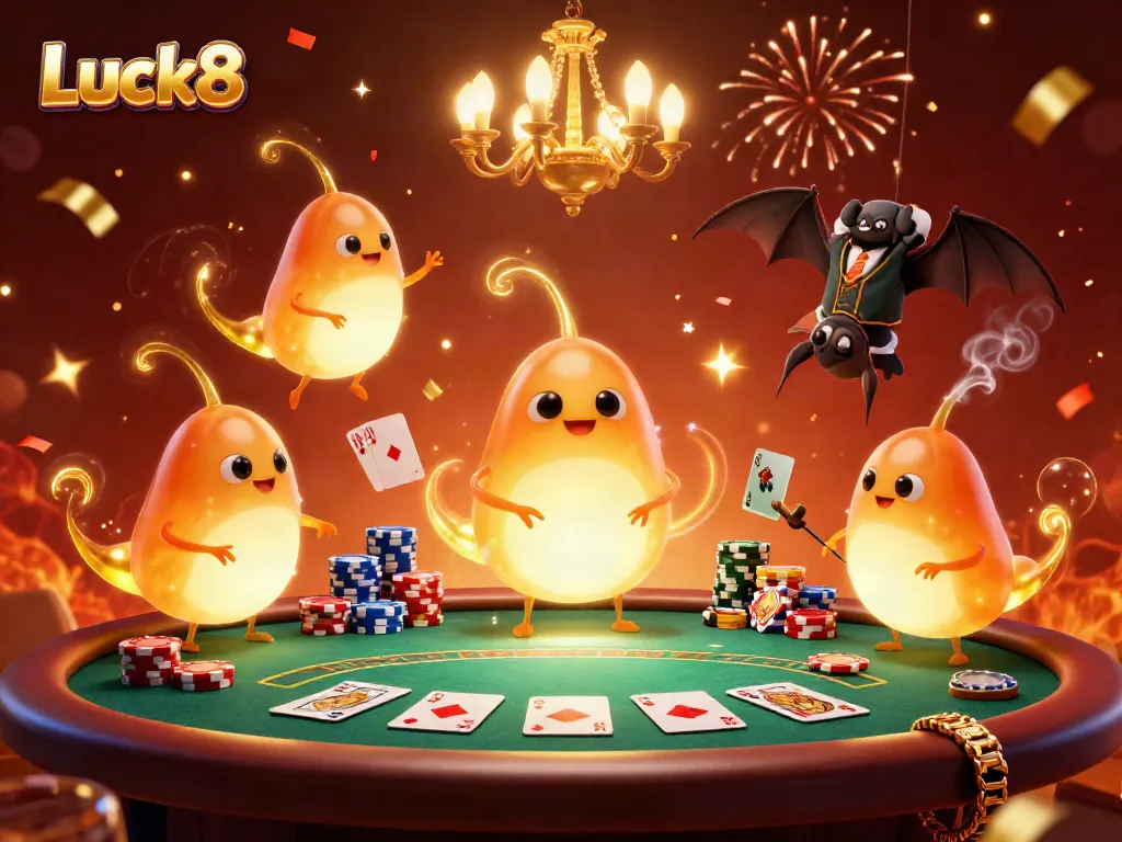 Experience the excitement of Luck8 with vibrant casino elements and glowworms lighting the scene.