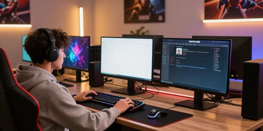 Engaged gamer using MANTUL88 login on a high-end gaming setup, showcasing vibrant graphics and community interaction.