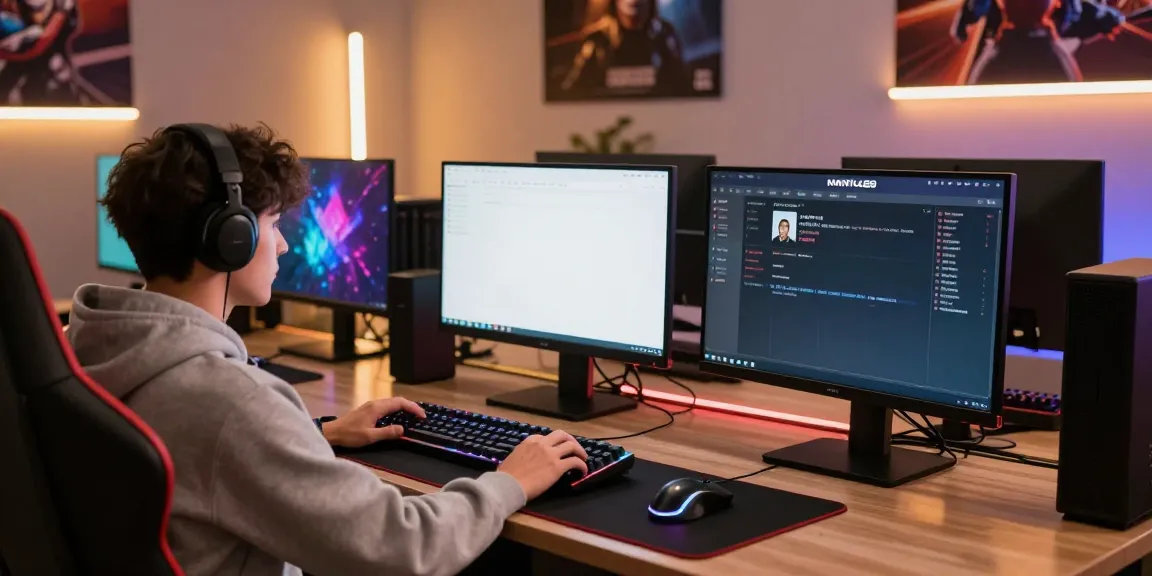 Engaged gamer using MANTUL88 login on a high-end gaming setup, showcasing vibrant graphics and community interaction.