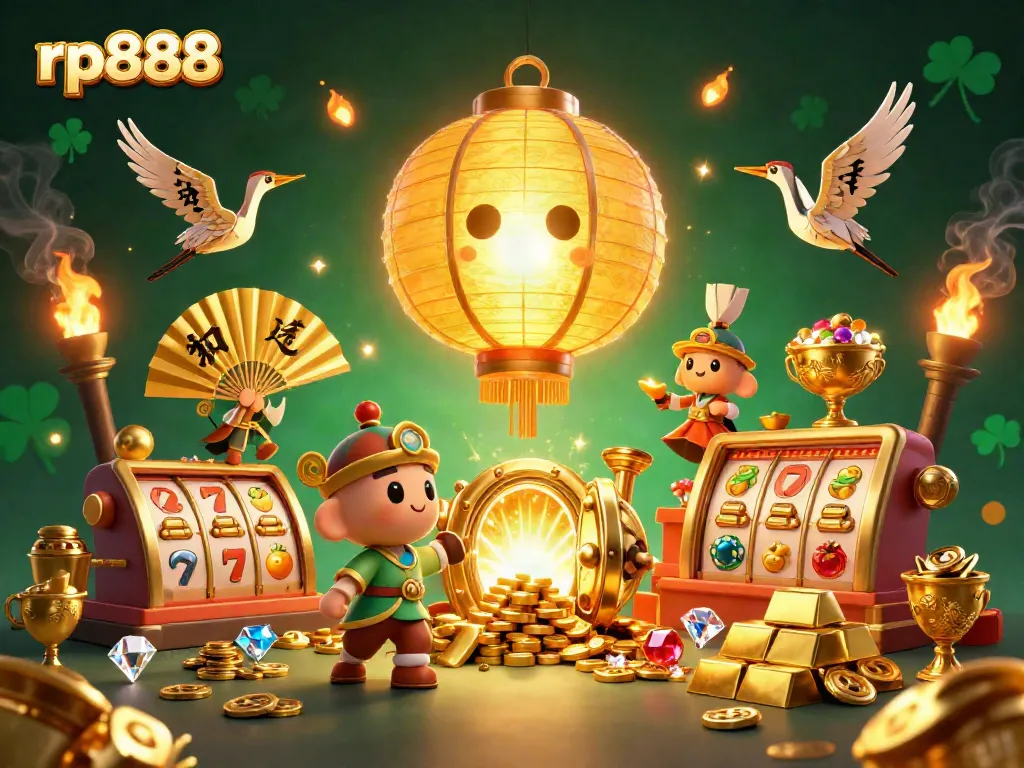 Experience the thrill of casino gaming with rp888, featuring vibrant slot reels and dynamic characters in a rich illustration.