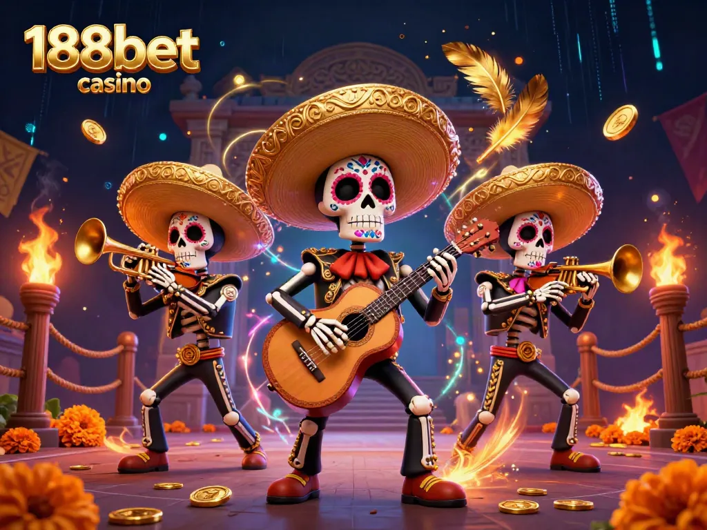 Experience the thrill of 188bet casino with a vibrant mariachi band amid an energetic gaming scene.