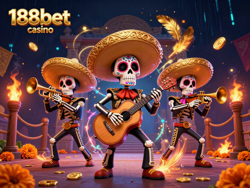 Experience the thrill of 188bet casino with a vibrant mariachi band amid an energetic gaming scene.