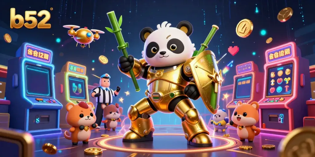 Engage in exciting gameplay at b52 with a vibrant 3D illustration of a panda-controlled robot and casino elements.