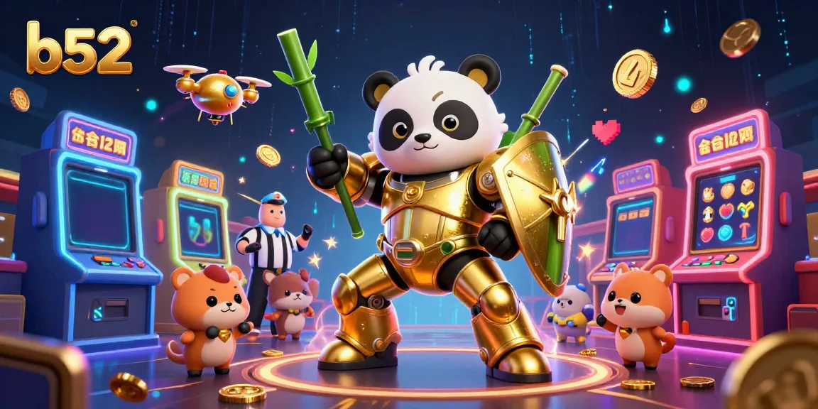 Engage in exciting gameplay at b52 with a vibrant 3D illustration of a panda-controlled robot and casino elements.