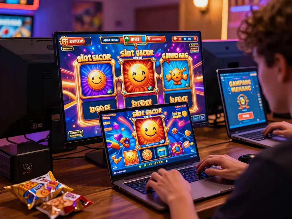 Exciting gaming scene showcasing slot gacor gampang menang with vibrant graphics and an engaged player.