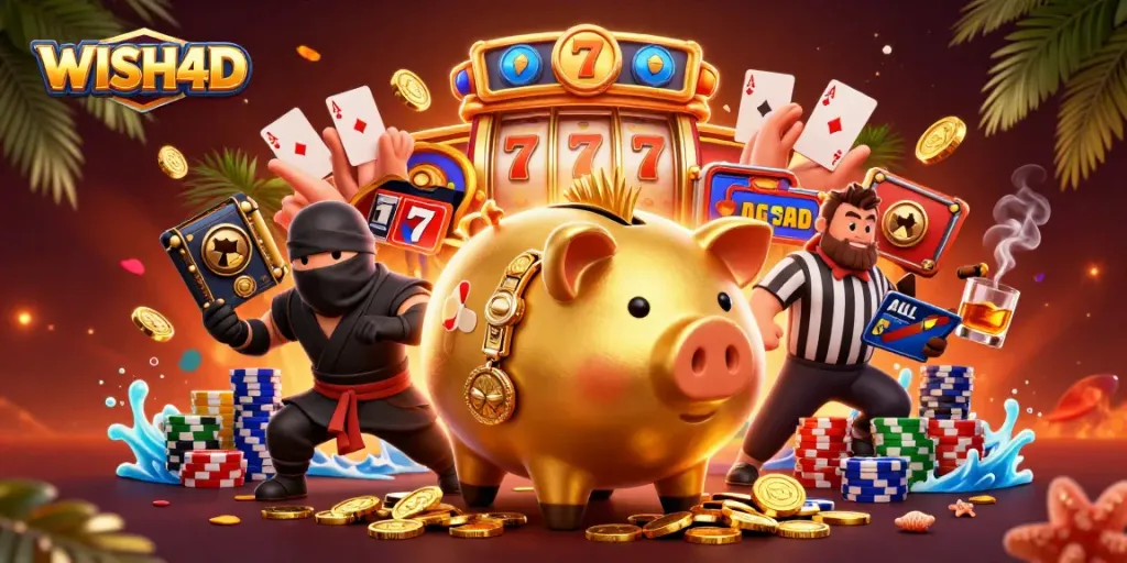 Engage in thrilling slots at WISH4D with dynamic visuals of winning moments and characters.