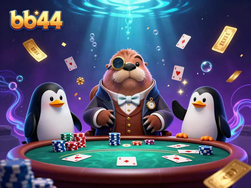 Join the thrilling action at bb44 with a jolly walrus and sophisticated penguin dealer at an underwater poker table.