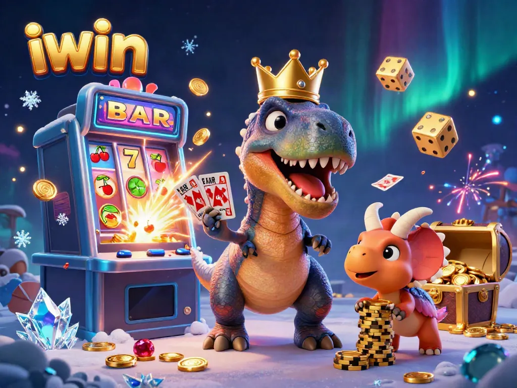 Iwin's vibrant casino scene features cartoon T-Rex shuffling cards, showcasing jackpot excitement.