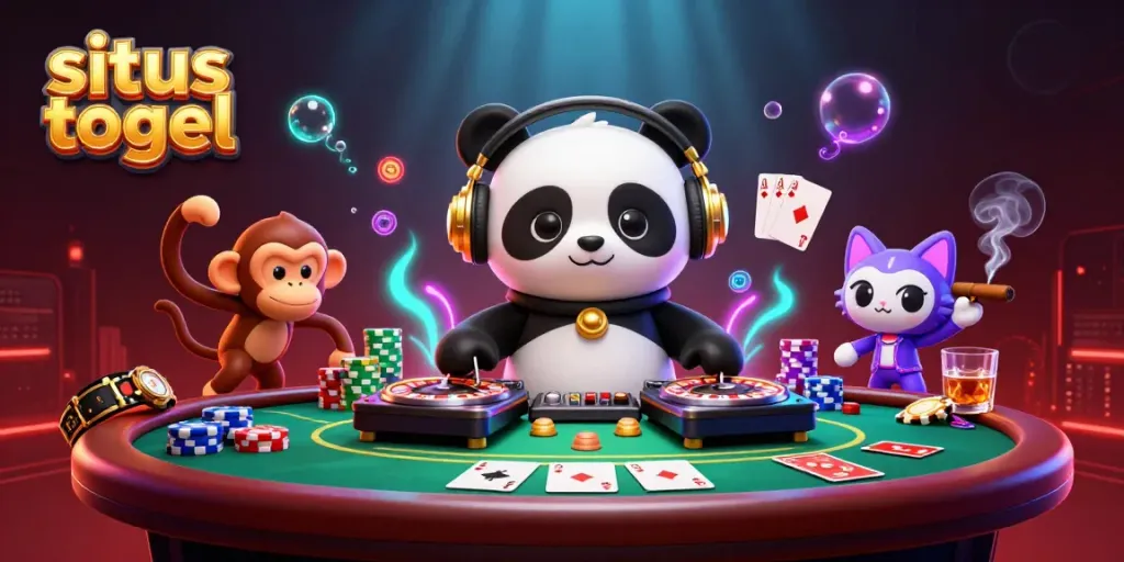 Situs togel lively scene with DJ panda, breakdancing monkey, and rave kitten amid poker elements.