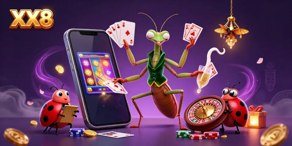 Engage in XX8 casino excitement with a dynamic 3D scene featuring playful characters and colorful gaming elements.