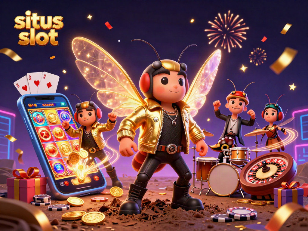 Permainan situs slot dengan cicada rockstar dan drummer yang meriah, menampilkan keberuntungan dalam berjudi.