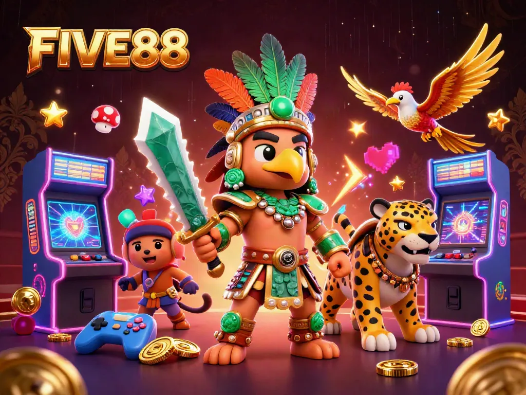 Engage with exciting games at FIVE88 through an energizing scene featuring dynamic characters and colorful casino elements.