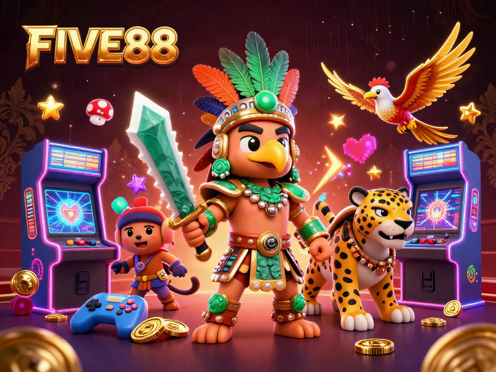 Engage with exciting games at FIVE88 through an energizing scene featuring dynamic characters and colorful casino elements.