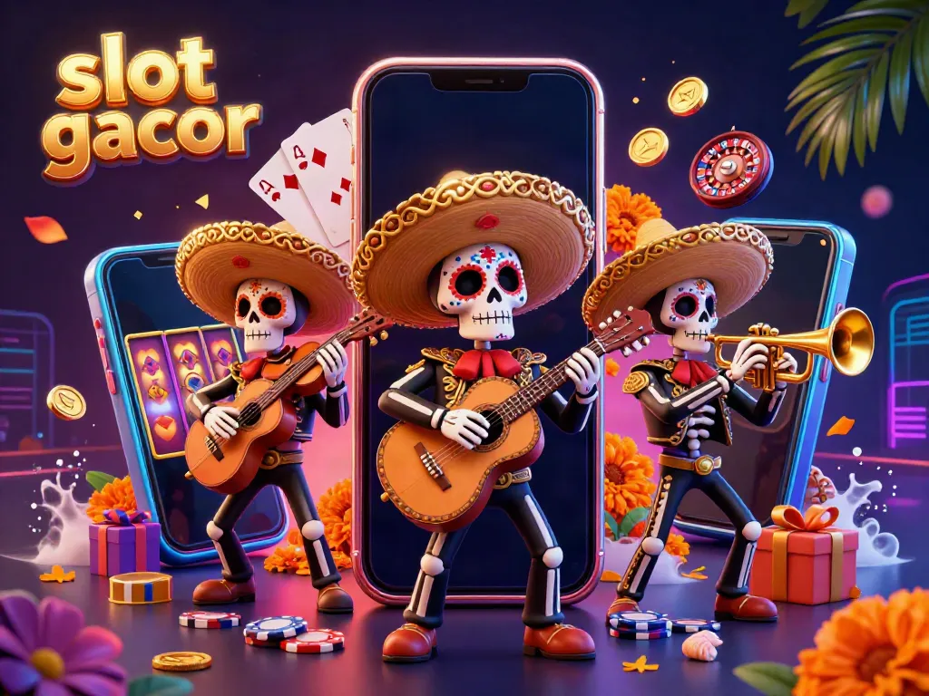 Engage with slot gacor through a vibrant 3D illustration of a Day of the Dead mariachi band.