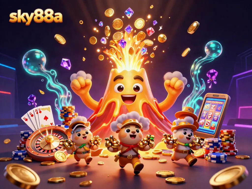 Experience thrilling gameplay at sky88a with a golden volcano erupting treasure and spinning slot elements.