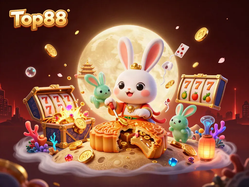 Experience the thrilling world of Top88 with a moon rabbit character surrounded by casino elements.