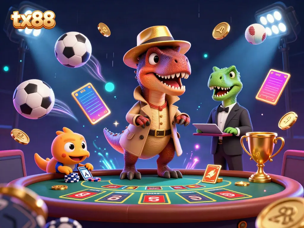 Experience thrilling betting moments at tx88 with cartoon dinosaur characters playing casino games.