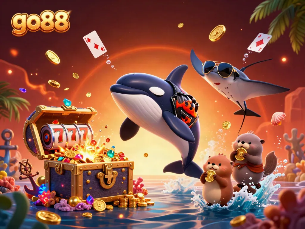 Experience the excitement of go88 as a cartoon orca, stingray, and otters celebrate with golden coins in a vibrant casino scene.