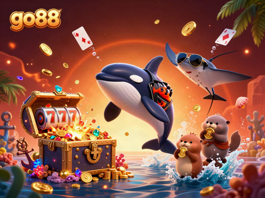 Experience the excitement of go88 as a cartoon orca, stingray, and otters celebrate with golden coins in a vibrant casino scene.