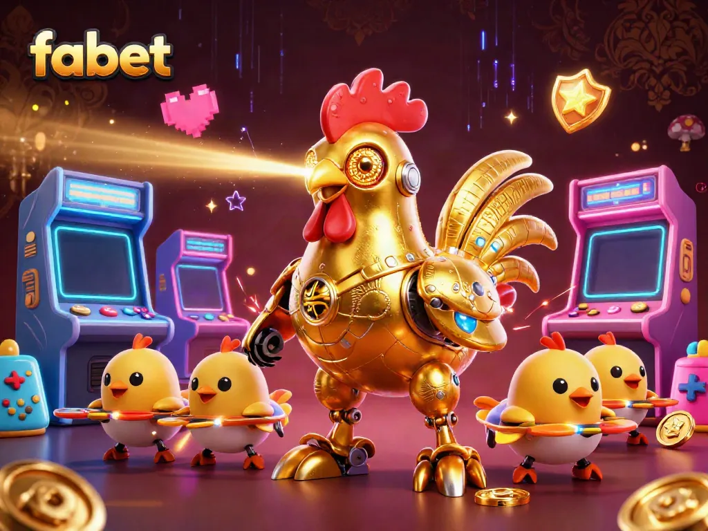 Engage with fabet's vibrant gaming scene, featuring a golden rooster robot leading a chase with dazzling arcade elements.