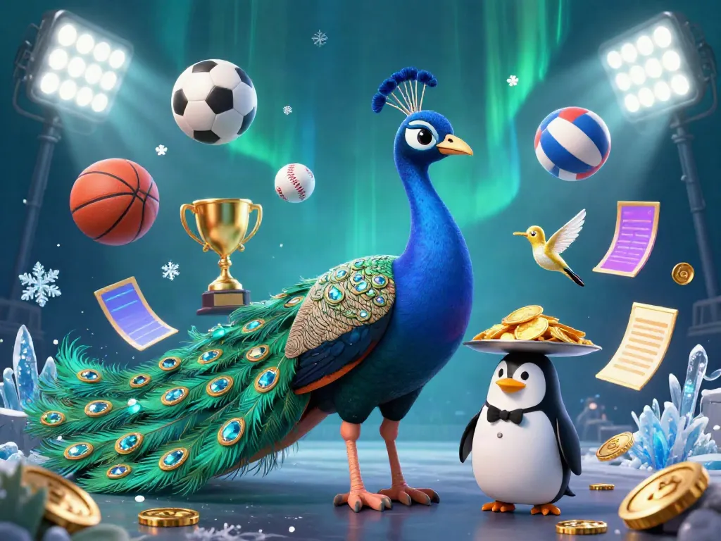 Engage in thrilling gameplay with tr88's vibrant 3D illustration featuring a majestic peacock, a butler penguin, and dynamic sports elements.