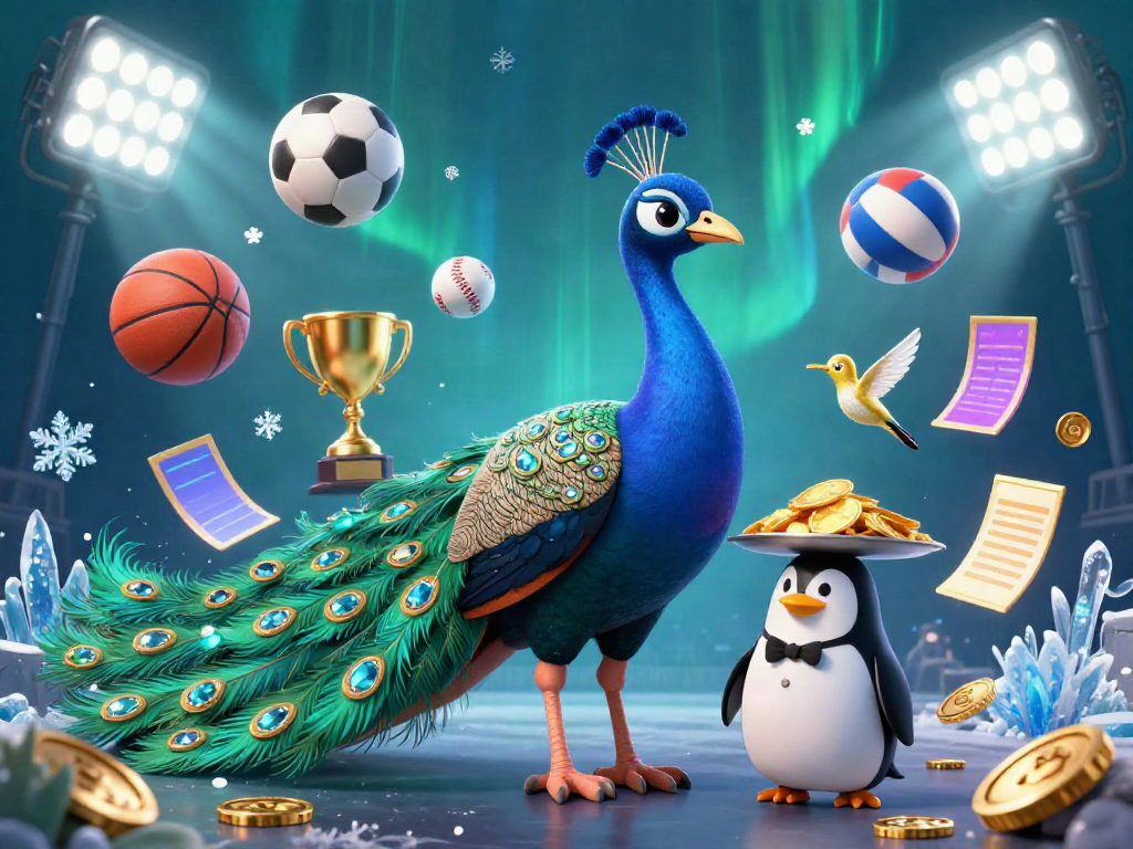 Engage in thrilling gameplay with tr88's vibrant 3D illustration featuring a majestic peacock, a butler penguin, and dynamic sports elements.