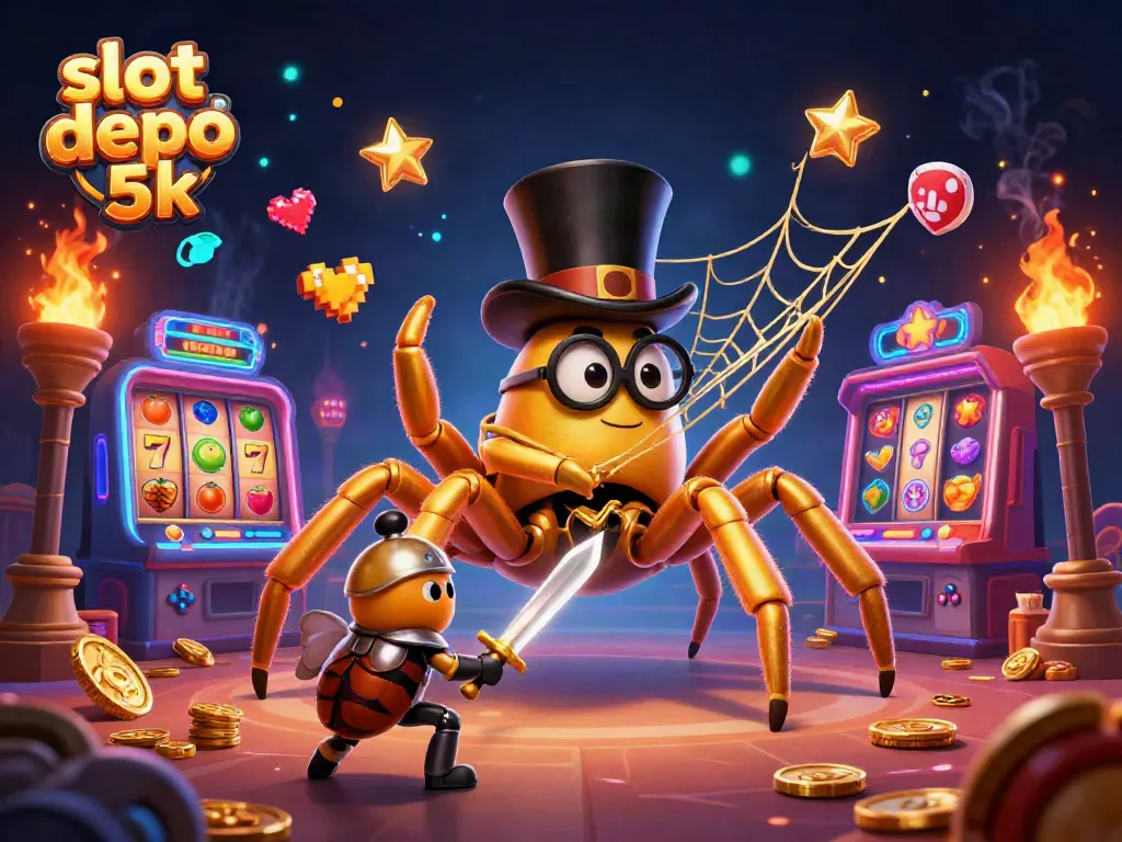 Experience the thrill of slot depo 5k with a golden tarantula and beetle knight in a vibrant casino scene.