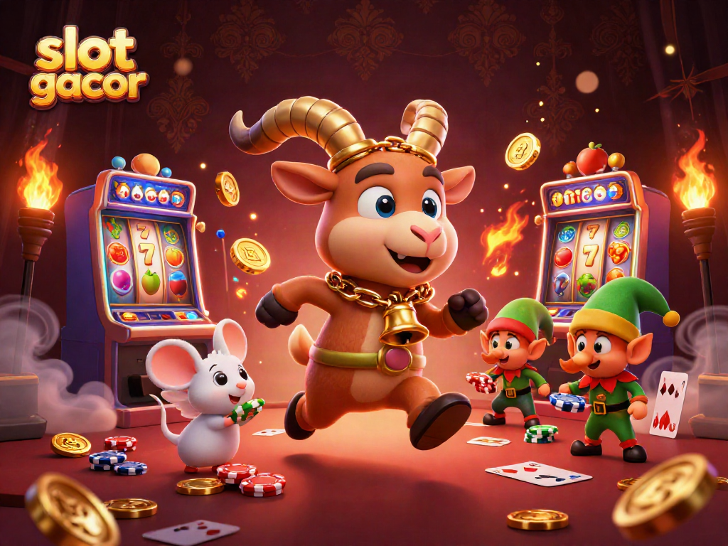 Spin slot gacor reels with festive characters in an energetic casino environment.