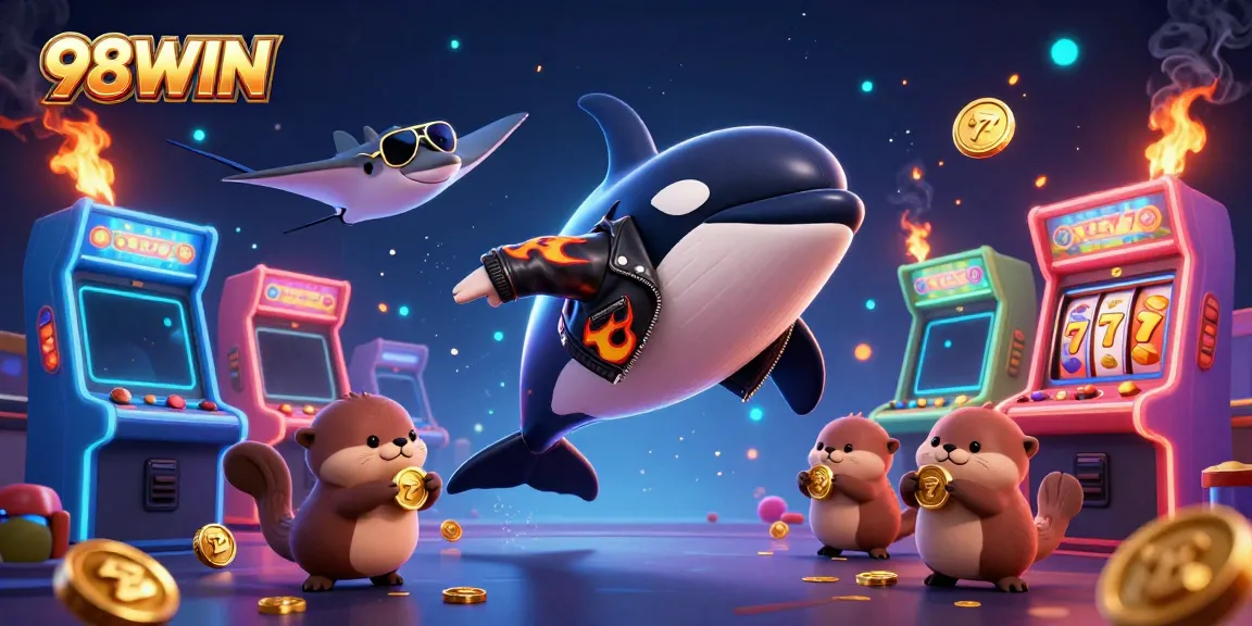 Engage with 98WIN's casino games illustrated in vibrant 3D featuring an orca and sea otters.