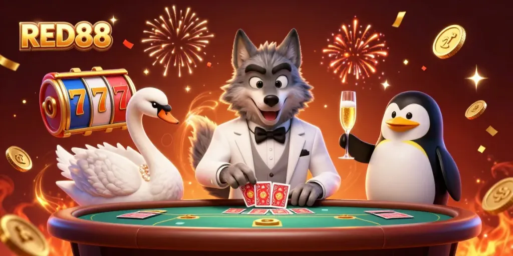 Experience thrilling gameplay at RED88 with a debonair wolf, an elegant swan, and a penguin denoting luxury.