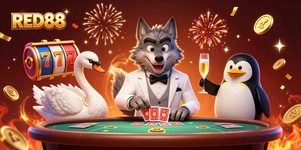 Experience thrilling gameplay at RED88 with a debonair wolf, an elegant swan, and a penguin denoting luxury.