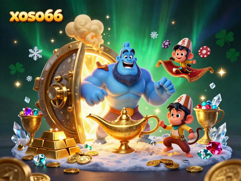 Experience the dazzling excitement of xoso66 with a blue genie and treasure in this vibrant casino illustration.