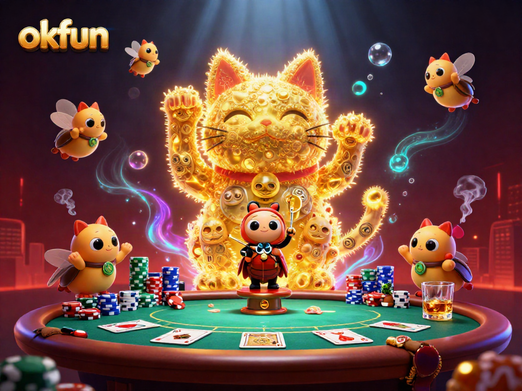 okfun illustration depicting a lively scene with a giant lucky cat controlled by a beetle, surrounded by colorful poker elements