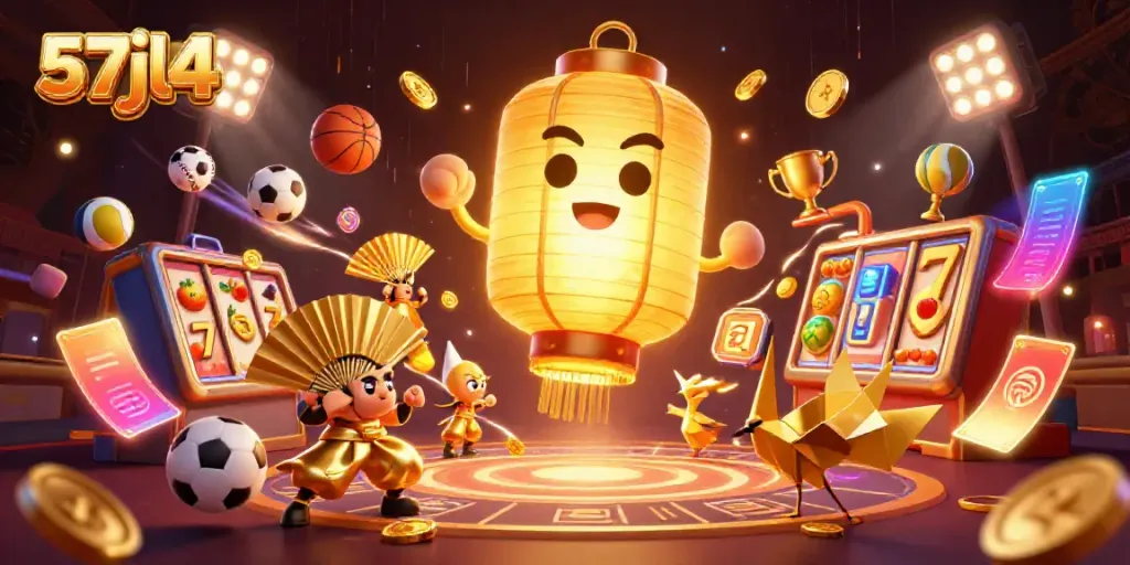 Engaging scene showcasing 57jl4 with a golden lantern spirit and dynamic gaming elements for online casino promotion.