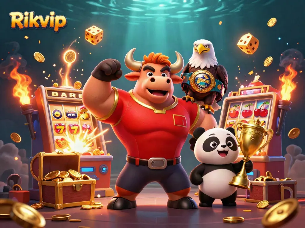 Experience the excitement of Rikvip with a victorious bull mascot, a championship eagle, and a panda celebrating wins.