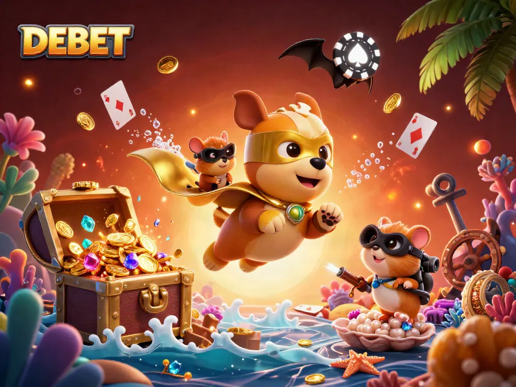 Play games and collect rewards with DEBET featuring a superhero dog and treasures